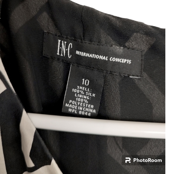 Silk International Concepts Cocktail Party Dress 10 Black White Geometric - Picture 2 of 4